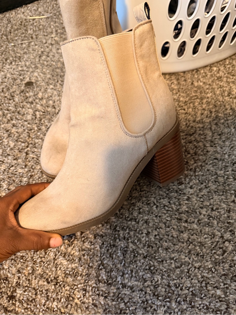 Neutral Suede Chelsea Ankle Booties with Stacked Heel